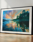 Paved In Light No.3, black framed coastal art prints of Helford River in Cornwall at sunset with trees reflecting on water by landscape artist Rachel Painter