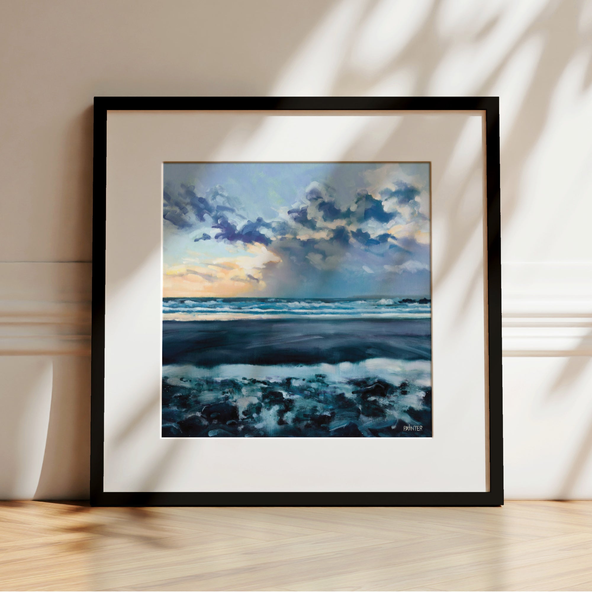 Towards The Light, seascape art prints of Cornwall Perranuthnoe beach at sunset with waves, framed art prints in black by landscape artist Rachel Painter