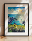 Wild and Free, Cornwall prints framed in black ready to hang of coastal landscape near Porthleven with rocky cliffs and blue sky by Cornish art by Rachel Painter artist
