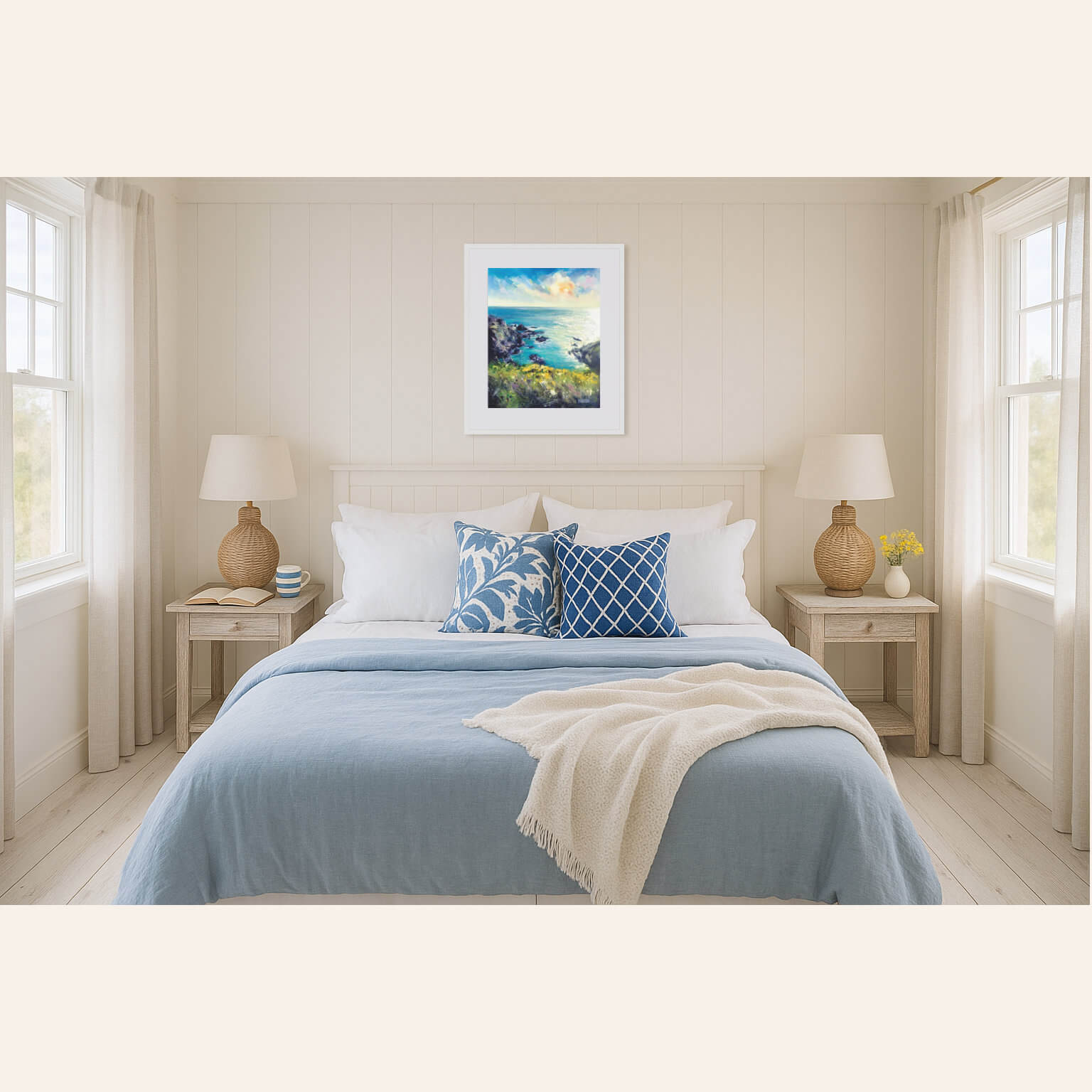 Colourful coastal print for coastal themed bedroom - by Rachel Painter, contemporary seascape artist