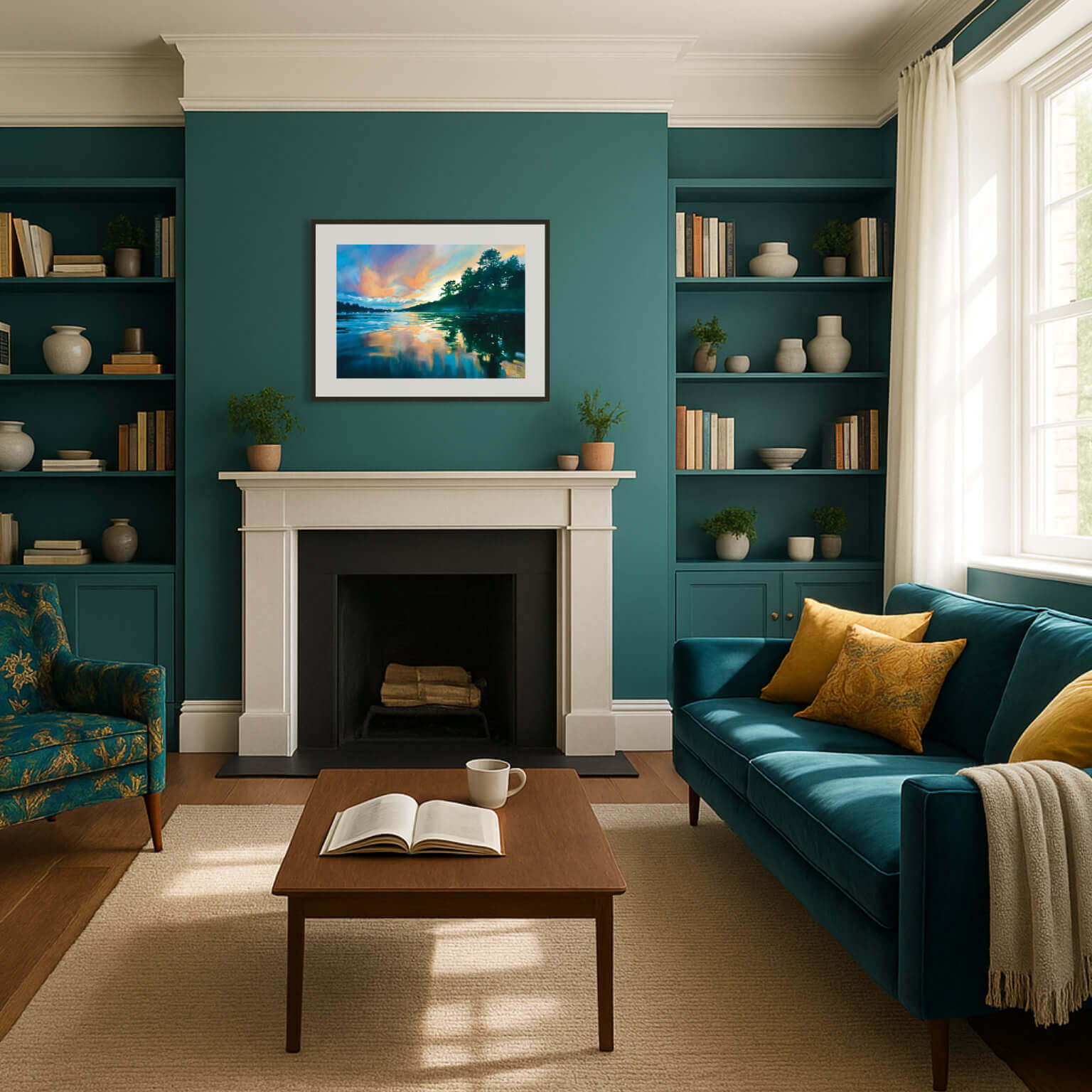 Living room with teal walls, a blue sofa, and a fireplace with a landscape artwork of a sunset over water