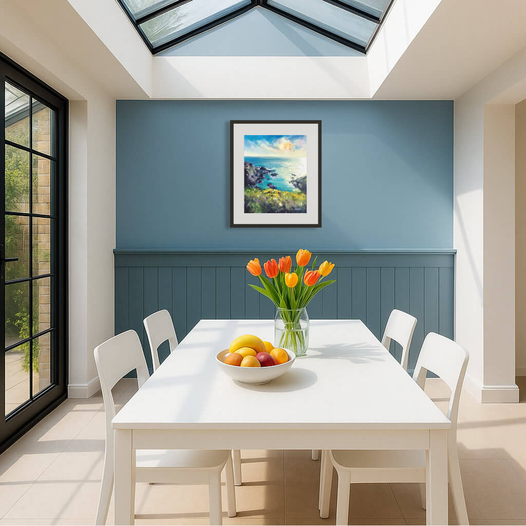 Cornwall art print in modern dining room conservatory - by Rachel Painter, contemporary seascape artist