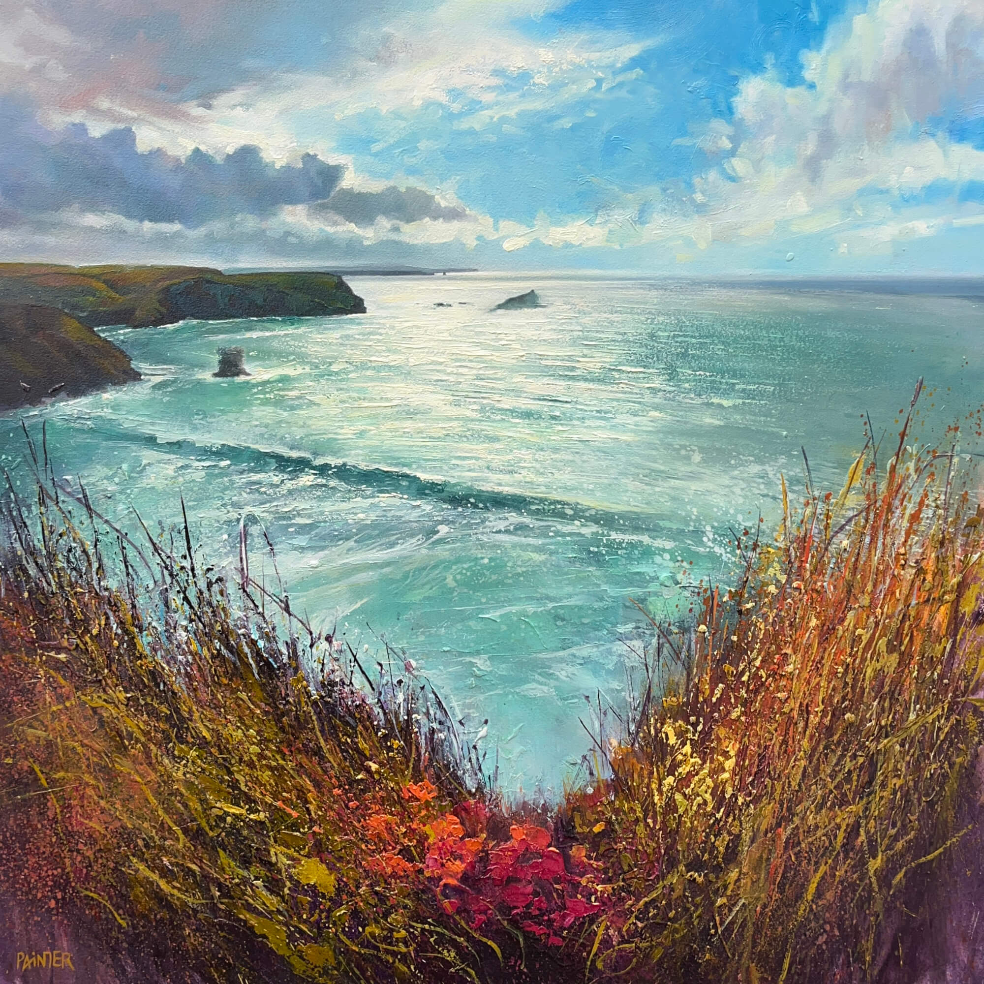 Coastal landscape painting of Cornwall with cliffs, ocean, and sky painted by Cornwall artist Rachel Painter