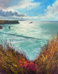 Coastal landscape painting of Cornwall with cliffs, ocean, and sky painted by Cornwall artist Rachel Painter