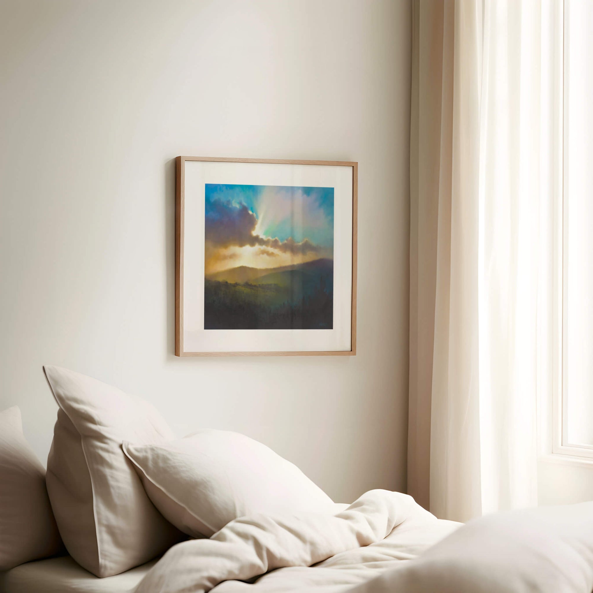 Wall art print for country contemporary cottage bedroom - by Rachel Painter, landscape artist