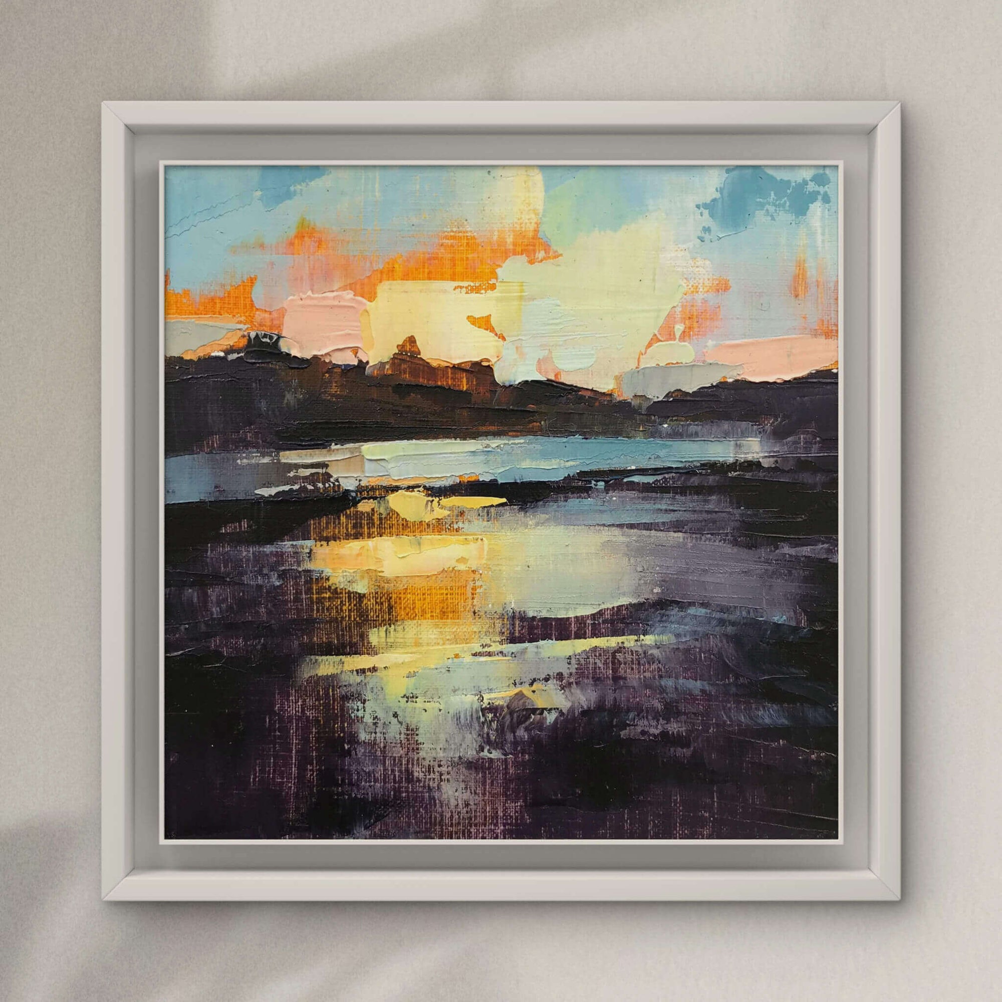 Small framed oil painting with expressive and loose palette knife texture capturing the Helford River at sunset by Rachel Painter