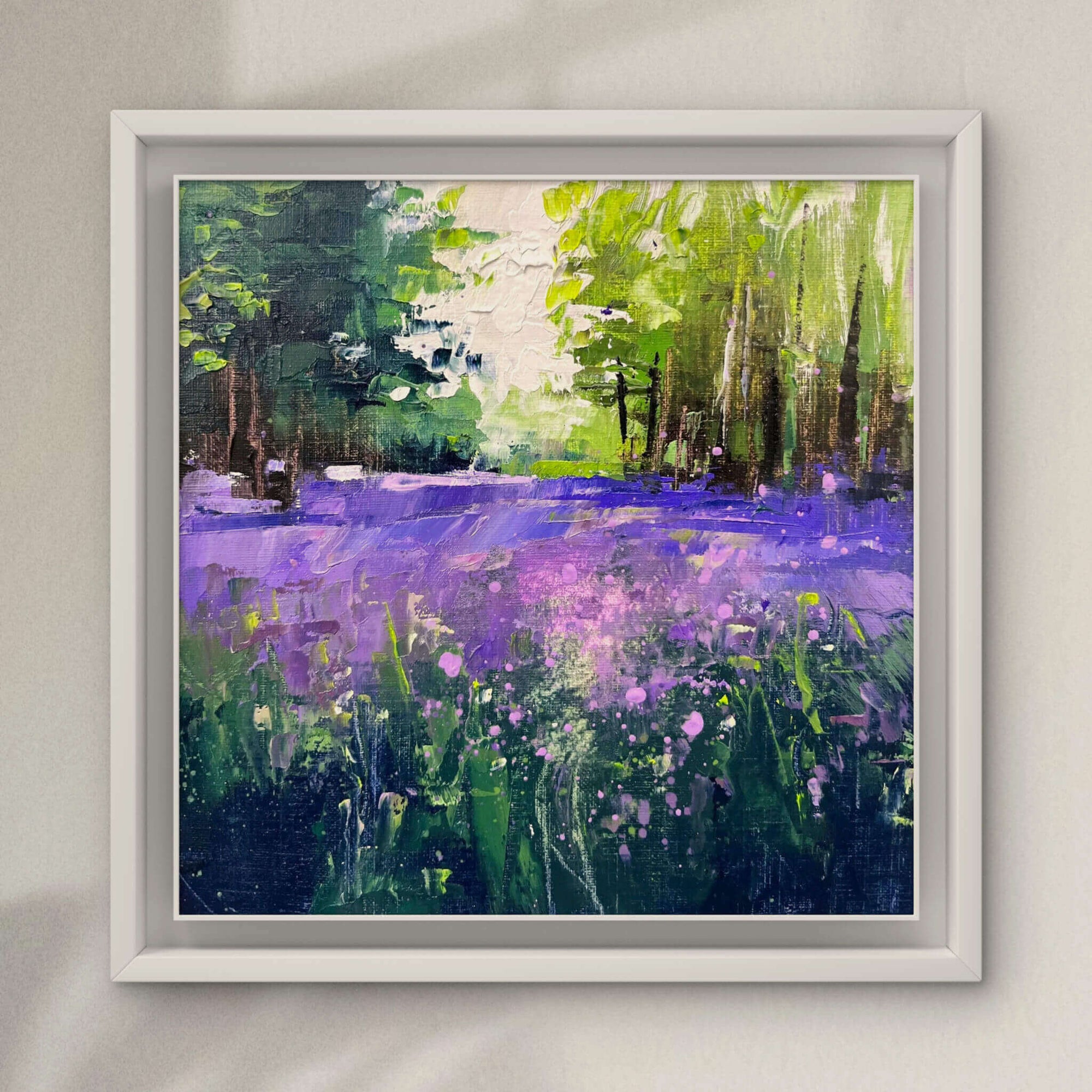 Small landscape painting of bluebell field at Enys Gardens in Cornwall by Rachel Painter