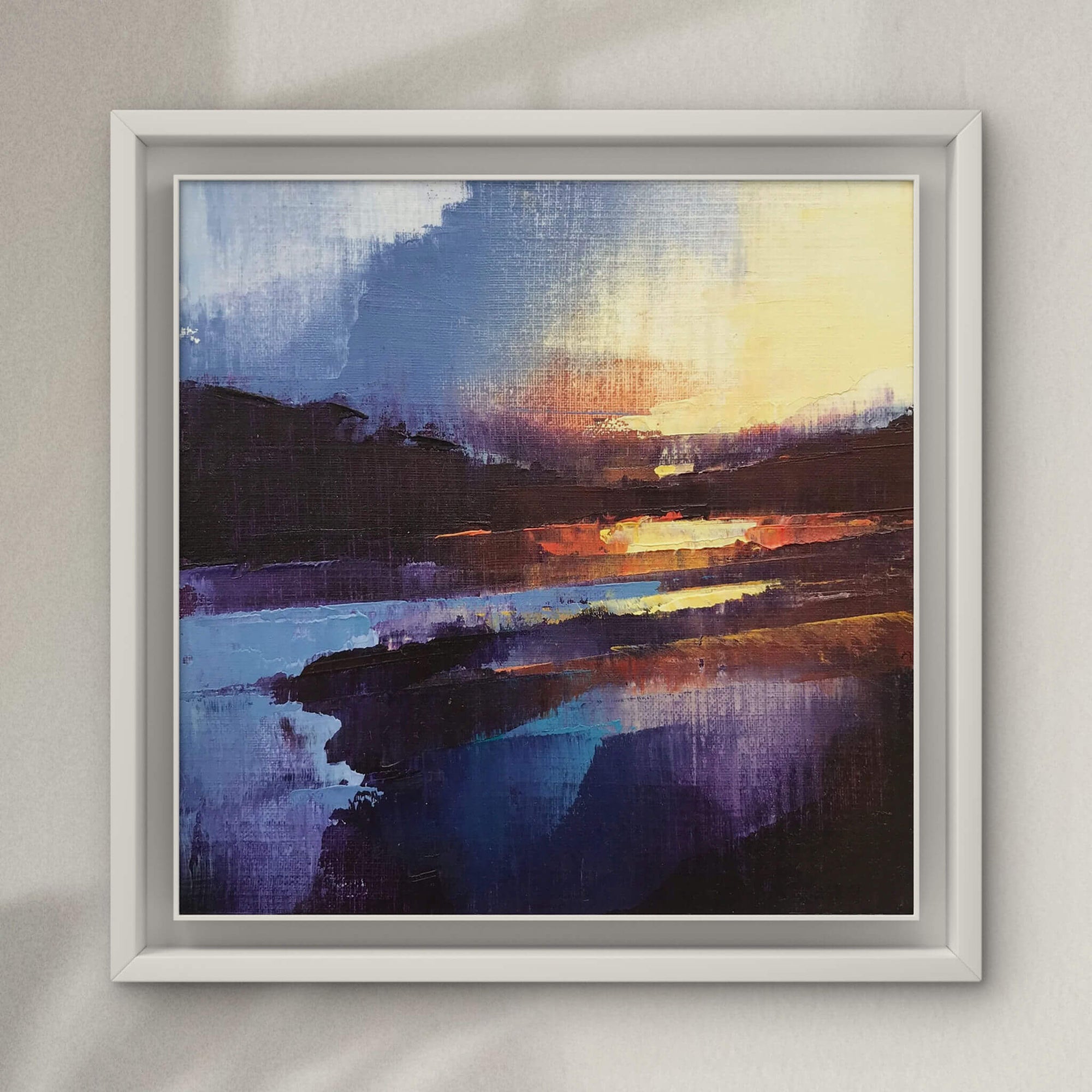 Small framed expressive oil painting capturing the light reflecting on the water at the Helford River at sunset by Rachel Painter