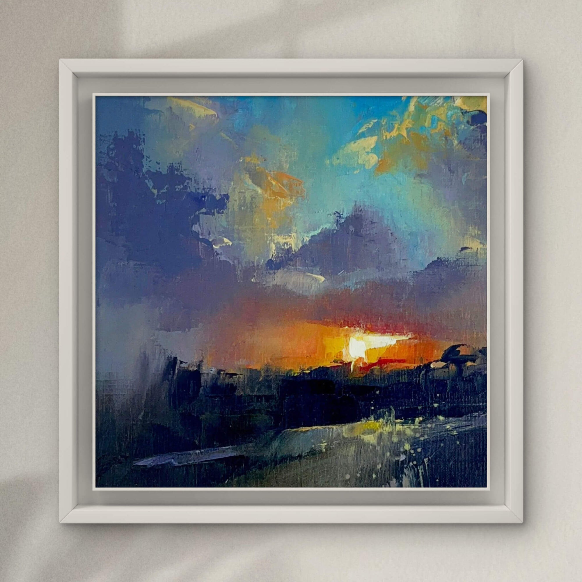 Framed small abstract sunset painting using expressive palette knife techniques by Rachel Painter