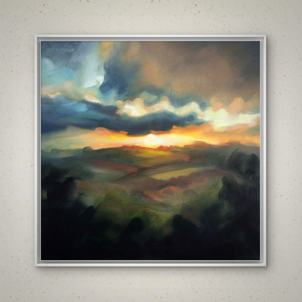 Framed painting of a sunset over rolling hills for the Green and Stone Of Chelsea Summer exhibition