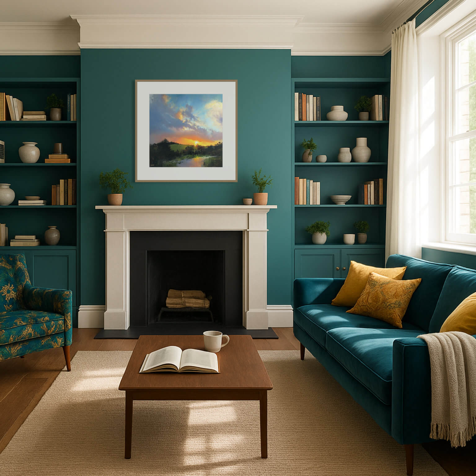 Large wall art prints for living room in a teal inspired room with fireplace and mantel