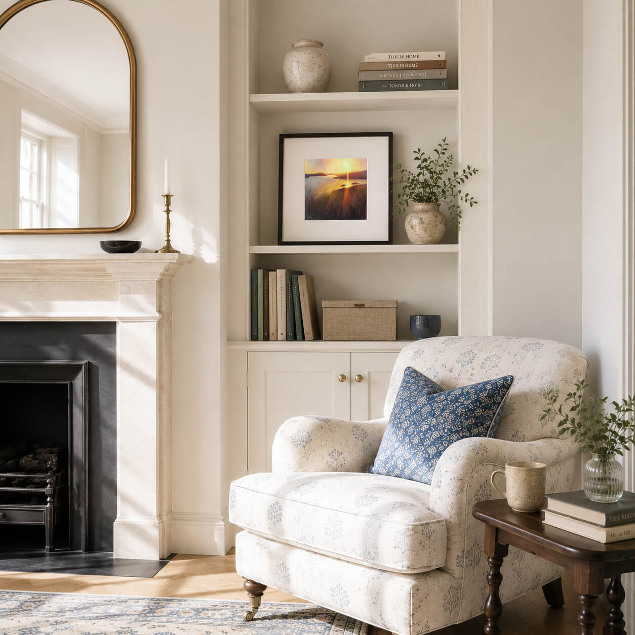 Atmospheric sunset landscape fine art print styled above a classic styled bookcase beside an armchair and fireplace, creating a cosy luxury reading nook interior. 