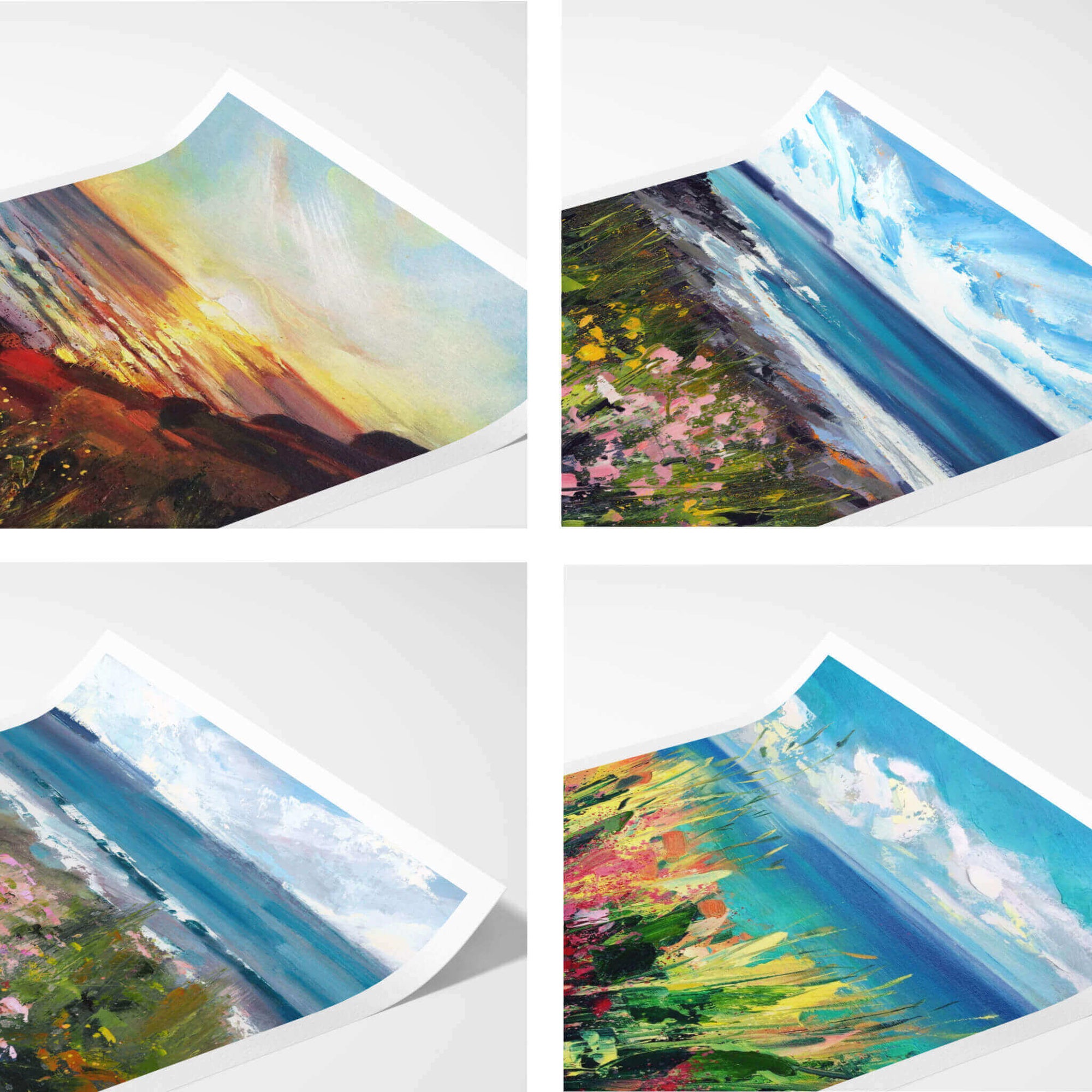 Set of 4 mini landscape art prints of the coast and wildflowers by seascape artist Rachel Painter