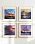 Four framed mini art prints of sunset landscapes with colourful skies on a white wall.