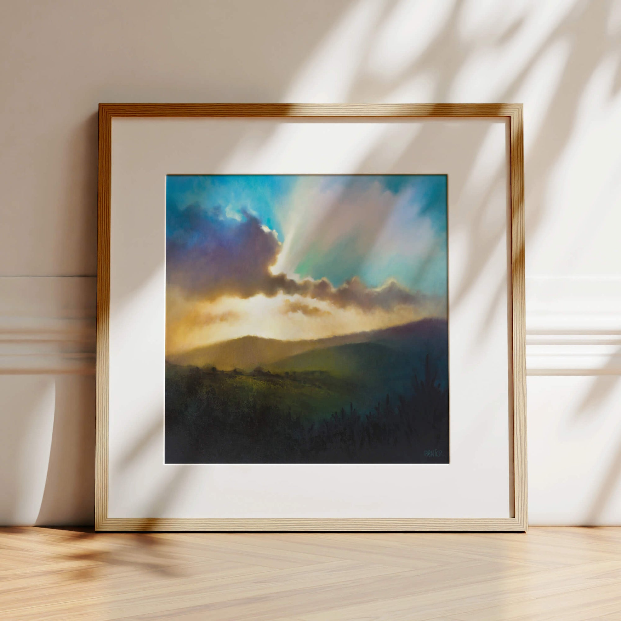 Come Up Here No.1, oak framed landscape prints of Exmoor National Park at sunset casting shadows over the moorland by contemporary oil painter Rachel Painter