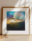 Come Up Here No.1, oak framed landscape prints of Exmoor National Park at sunset casting shadows over the moorland by contemporary oil painter Rachel Painter