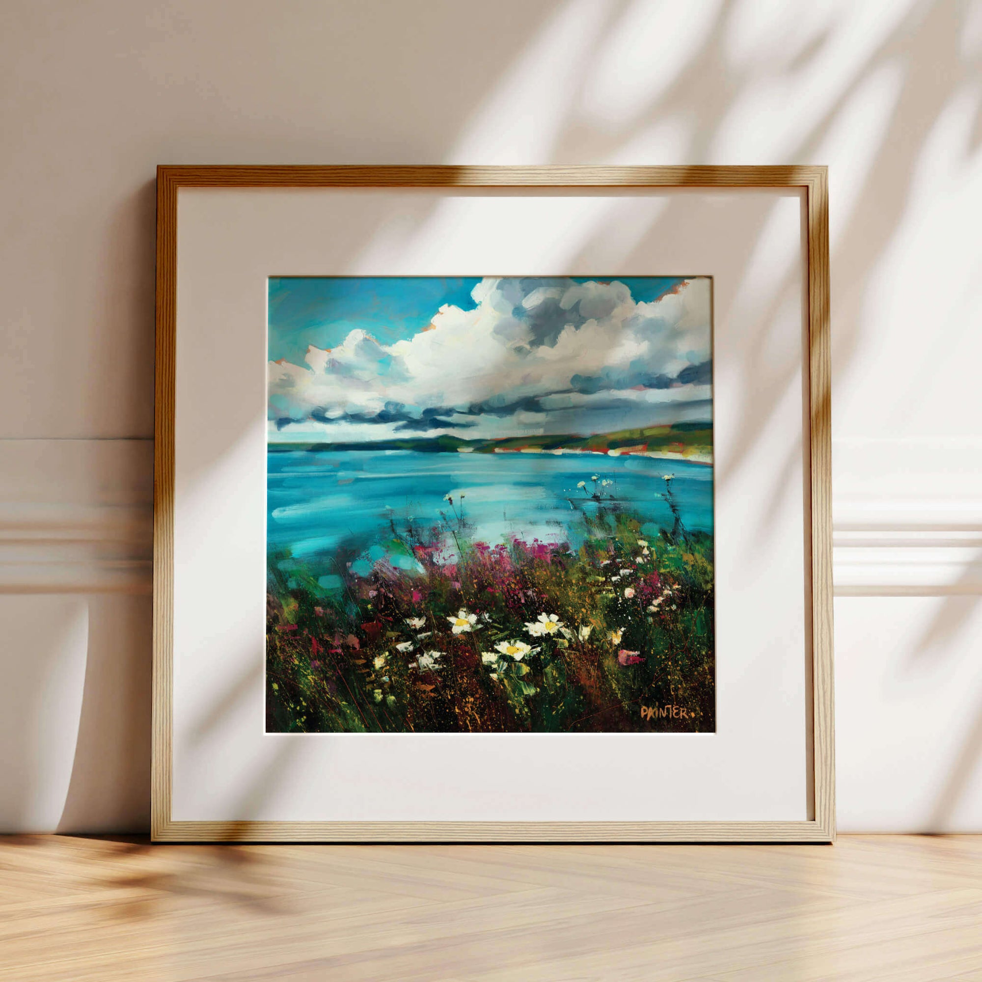 Be Free, Cornish art print of seascape landscape near Porthleven with rocky cliffs, sea flowers and blue sky overlooking the ocean, framed art print in oak ready to hang by Cornish artist Rachel Painter