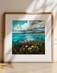 Be Free, Cornish art print of seascape landscape near Porthleven with rocky cliffs, sea flowers and blue sky overlooking the ocean, framed art print in oak ready to hang by Cornish artist Rachel Painter