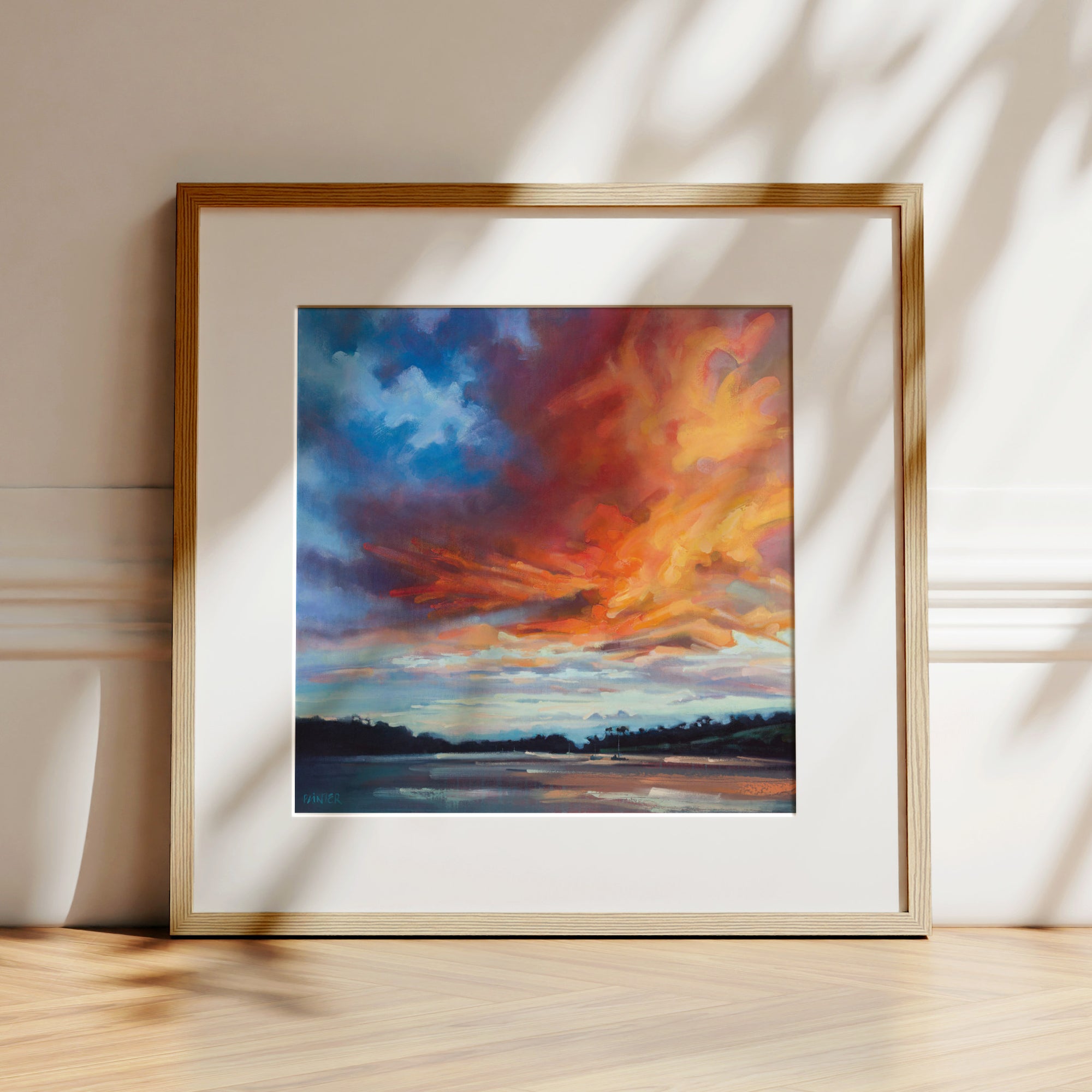 Confidence, oak framed landscape prints, ready to hang of dramatic sunset and clouds over the Helford River, Cornish prints by Rachel Painter artist