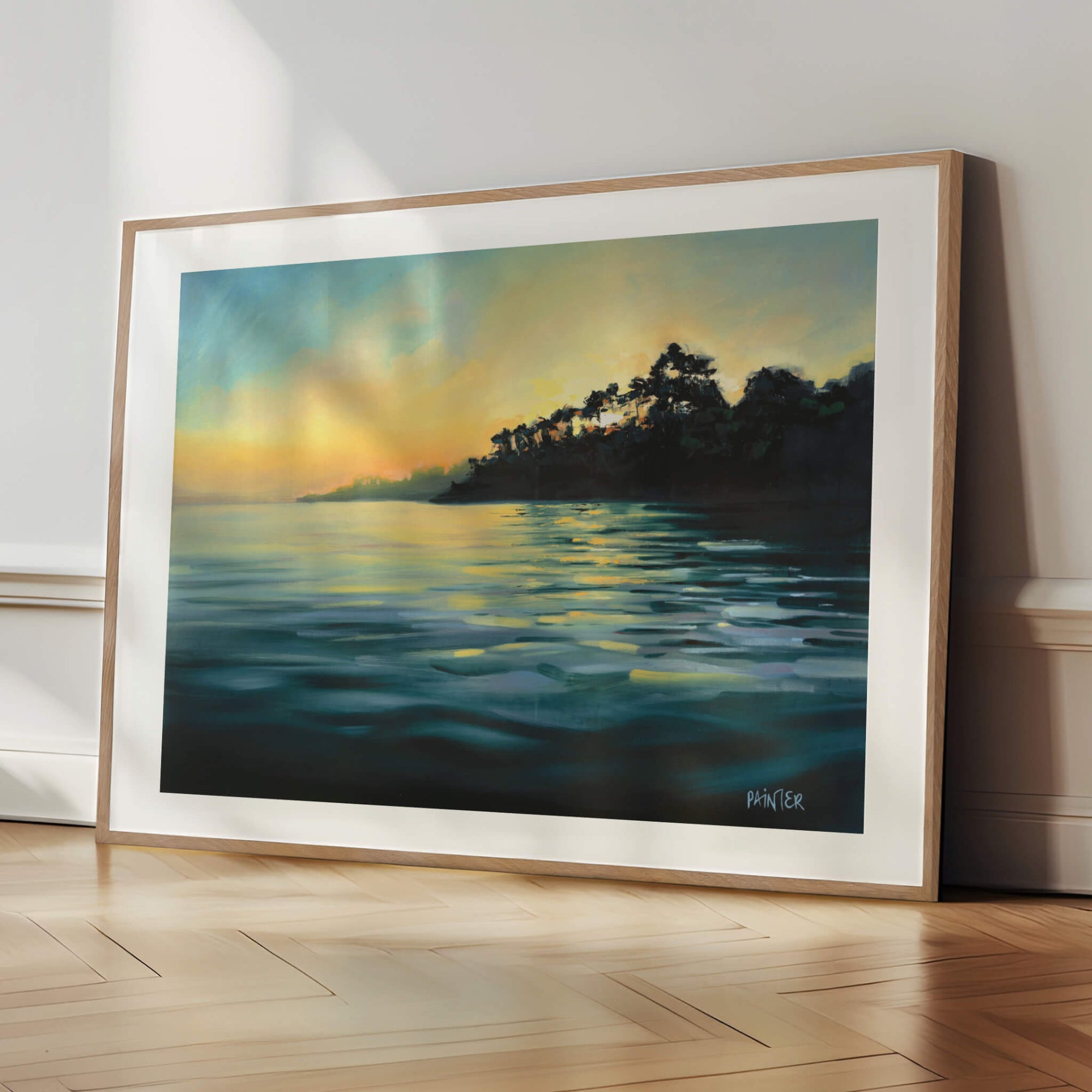 Paved In Light No.1, oak framed Cornish seascape prints of Helford River in Cornwall at sunset with trees reflecting on water by oil painter Rachel Painter
