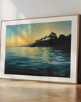 Paved In Light No.1, oak framed Cornish seascape prints of Helford River in Cornwall at sunset with trees reflecting on water by oil painter Rachel Painter