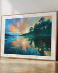 
Paved In Light No.3, framed landscape prints in oak wood ready hang of Cornish Helford River at sunset, a calming artwork by British artist Rachel Painter
