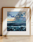 Towards The Light, a dramatic sunset beach framed artwork in oak ready to hang of Perranuthnoe beach - prints of Cornwall by Cornish artist Rachel Painter