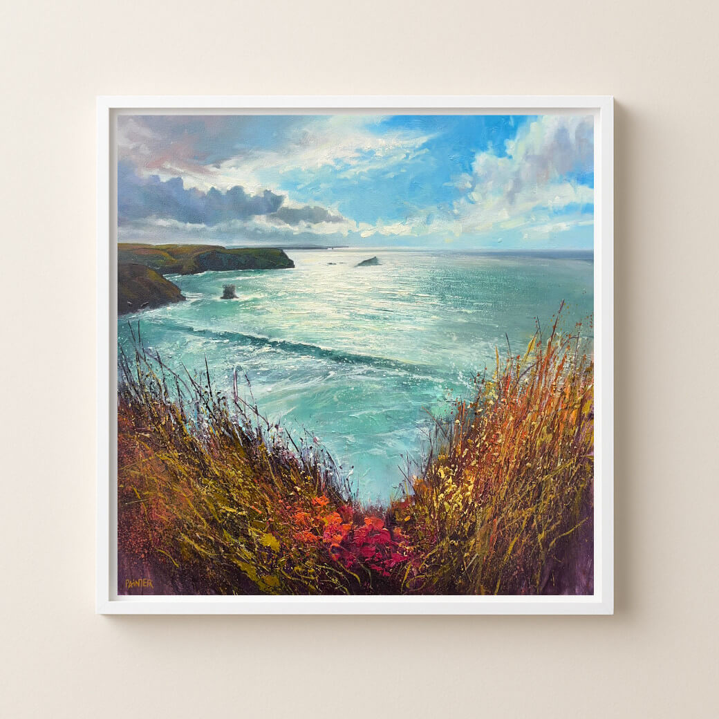 Expressive framed seascape painting of Cornwall inspired by Portreath clifftops with turquoise sea, waves, flowers and heather. Painted by Rachel Painter