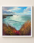 Expressive framed seascape painting of Cornwall inspired by Portreath clifftops with turquoise sea, waves, flowers and heather. Painted by Rachel Painter