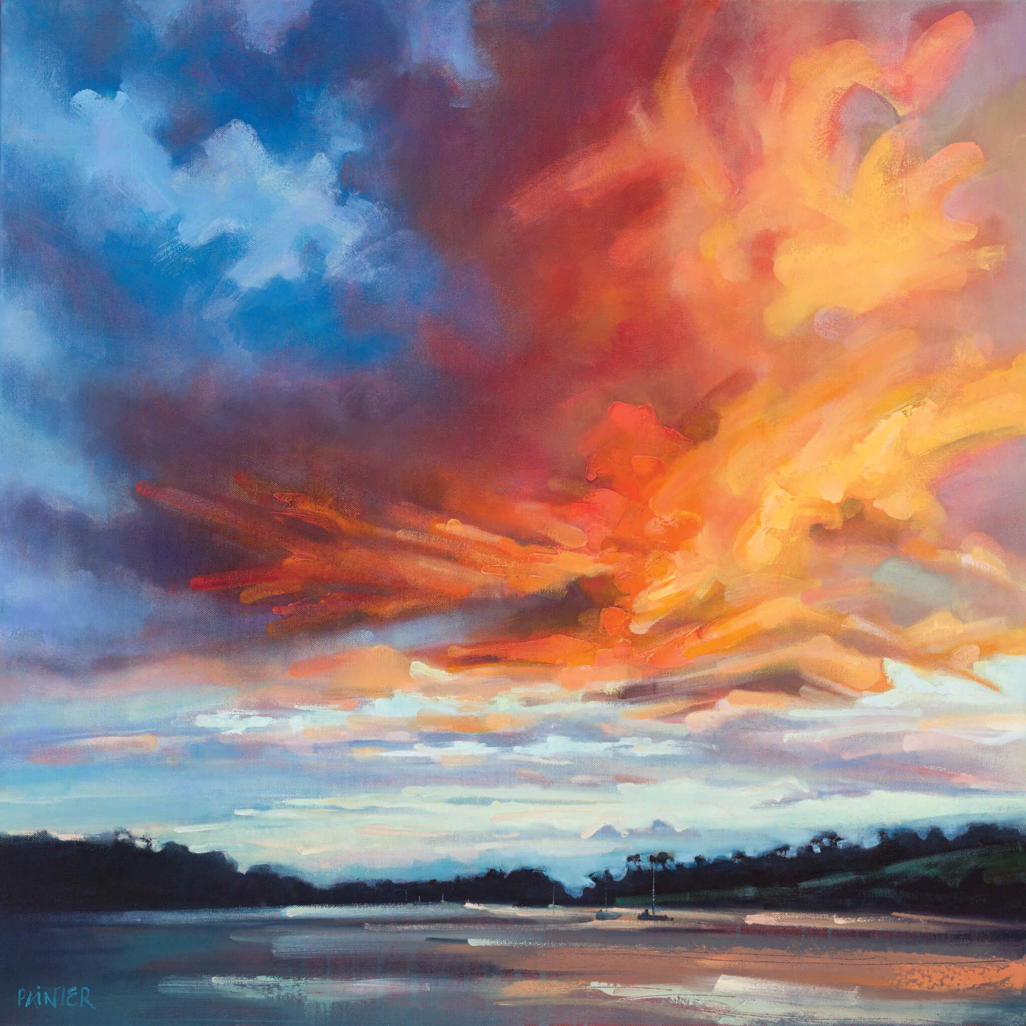Dramatic paintings of sunset and Cornish art by landscape artist Rachel Painter - fiery sunset hues over river view.
