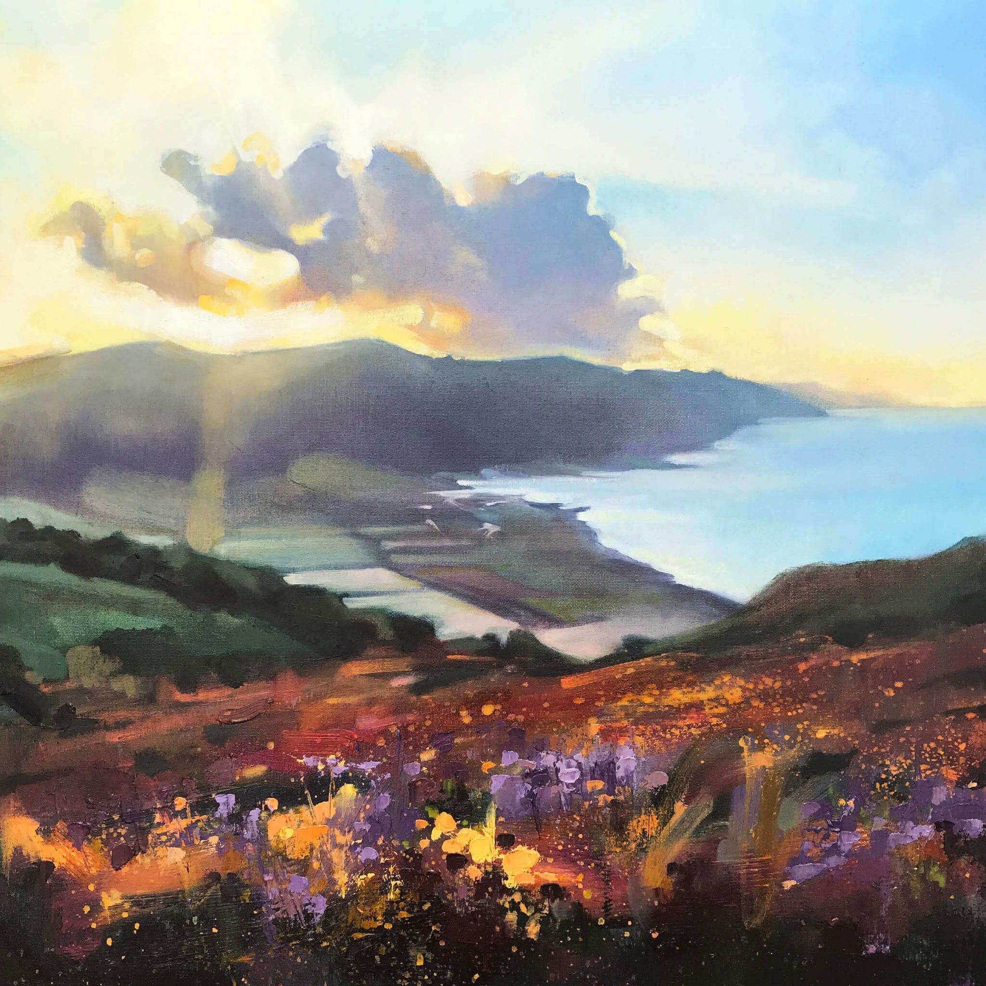 Original oil painting of Exmoor National Park by British artist Rachel Painter - a sunset painting with flowering heather over Porlock Bay from North Hill.