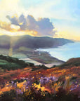 Original oil painting of Exmoor National Park by British artist Rachel Painter - a sunset painting with flowering heather over Porlock Bay from North Hill.