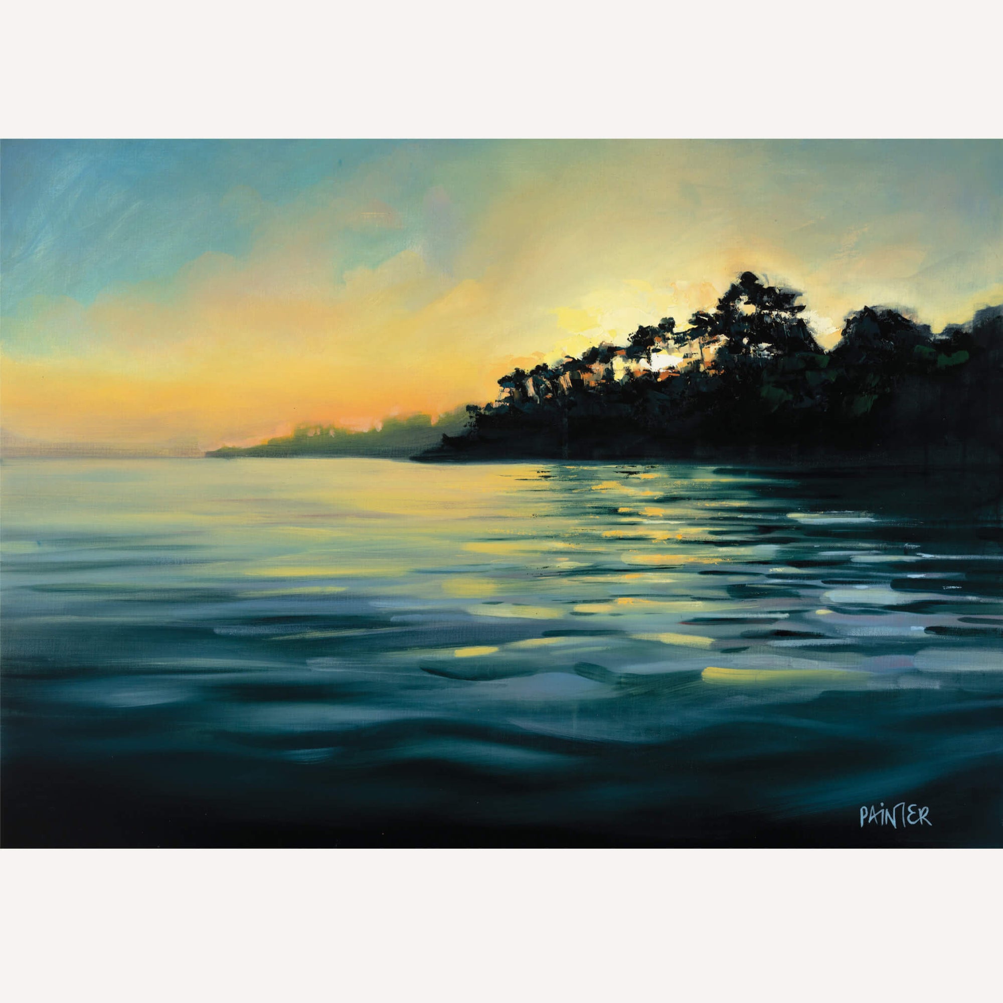 Framed oil painting by Cornwall artist Rachel Painter - painting of the sunset over the Helford River with trees, reflections on water and clouds.