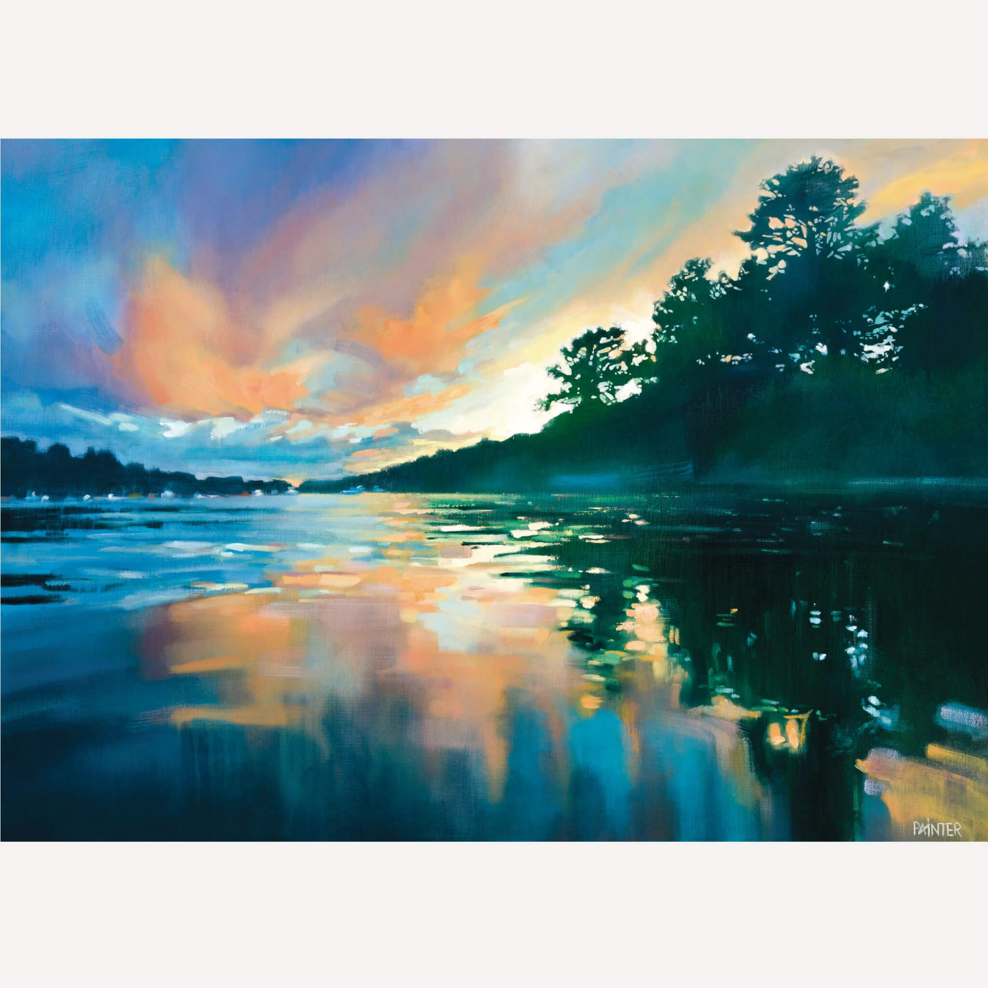 Cornwall oil painting by Cornish artist Rachel Painter - framed original sunset painting of the Helford River with trees, reflections on water and clouds. 