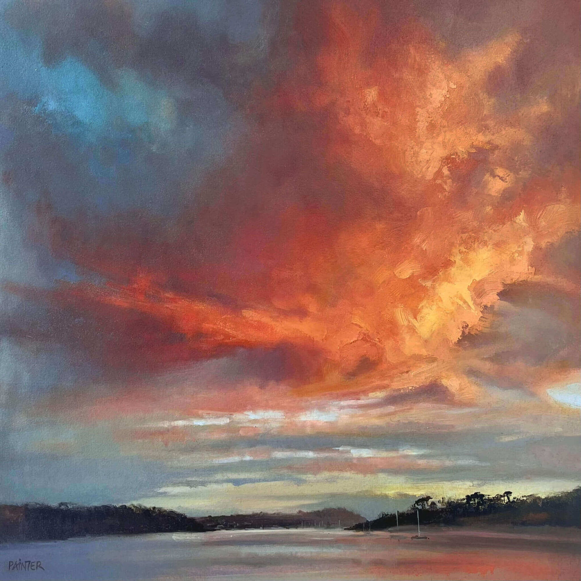 Paintings with sunsets by Cornwall artist Rachel Painter - fiery dramatic sky with orange and red hues reflecting on Helford River waters.
