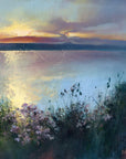 Cornwall seascape oil painting by Cornish artist Rachel Painter - Porthtowan sunset over water with flowers in the foreground.