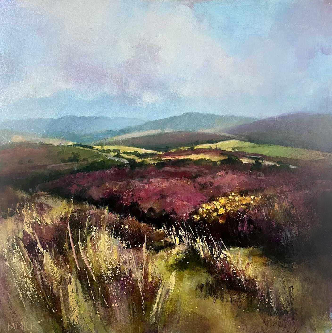 Moorland landscape oil painting of Exmoor National Park by British artist Rachel Painter with rolling hills and pink flowering heather.