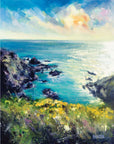 Cornish seascape painting by Cornwall artist Rachel Painter - cliffs, blue seas, dappled light and yellow sea flowers near Gunwalloe and Church Cove.