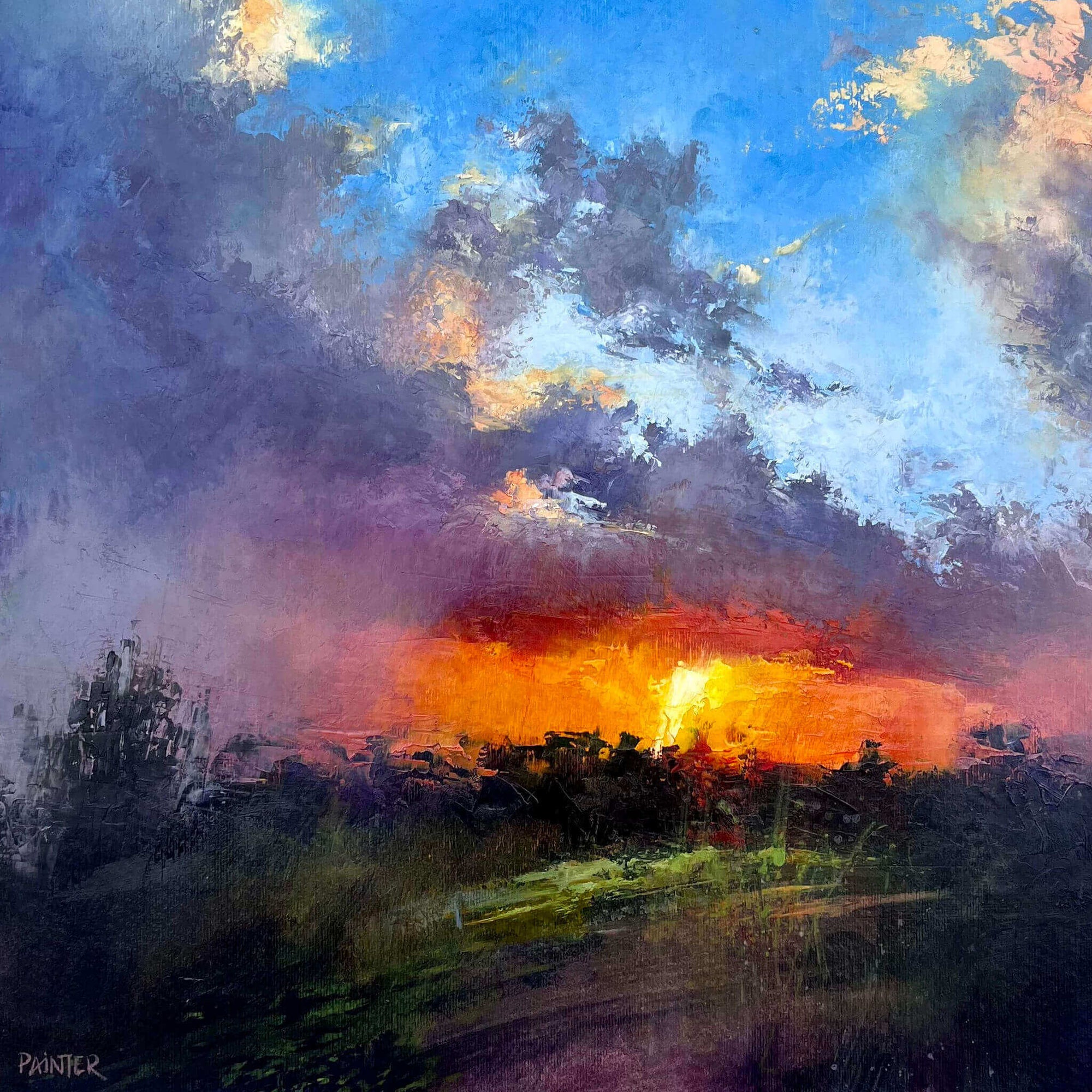 Painting of a sunset by British landscape artist Rachel Painter, over a field with warm orange and blue colours