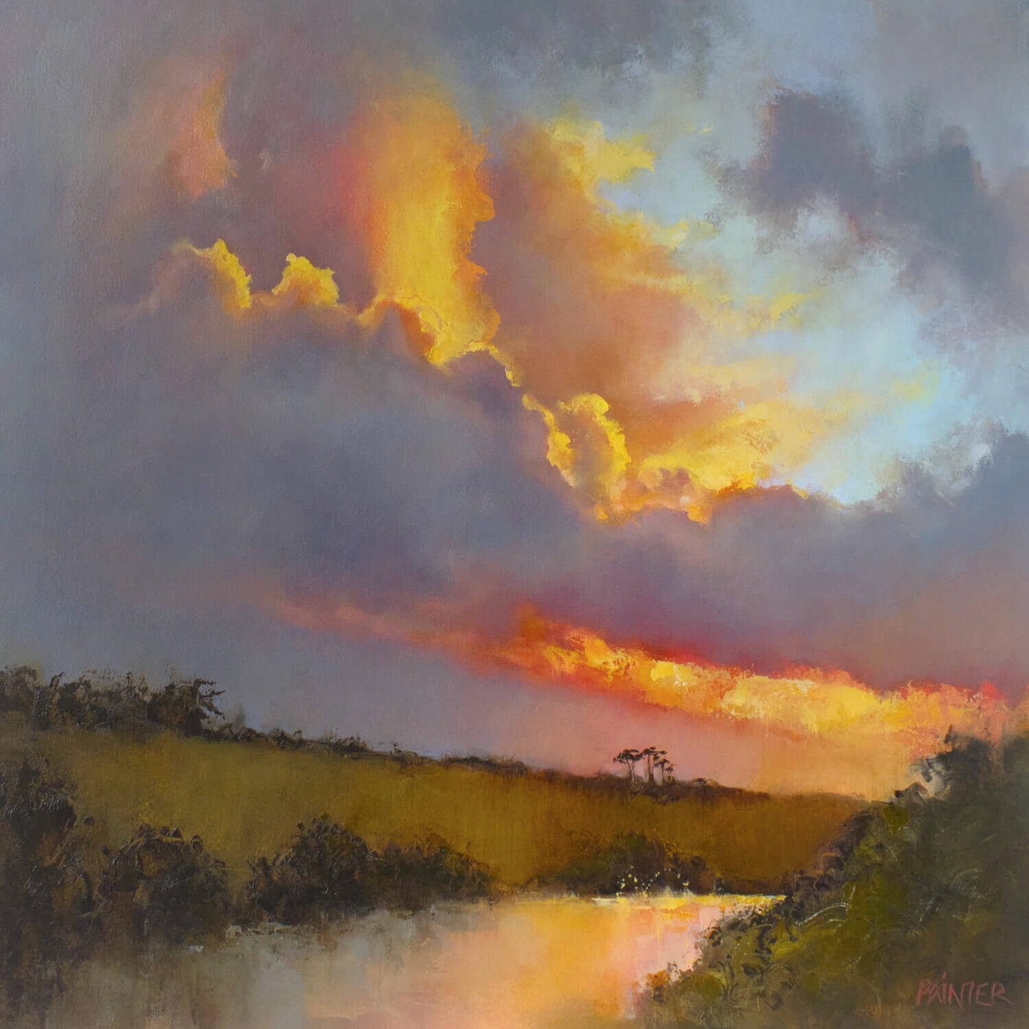 Paintings with sunsets by British artist Rachel Painter - fiery dramatic sky with orange and red hues reflecting on the clouds and river valley below.
