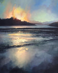 Sunset painting with reflections over a low tide sea with rainbow reflection on the Helford River in Cornwall - by British artist Rachel Painter