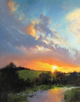 Cornish art by British artist Rachel Painter - original sunset painting over a pastoral landscape with trees and river reflecting colour. 