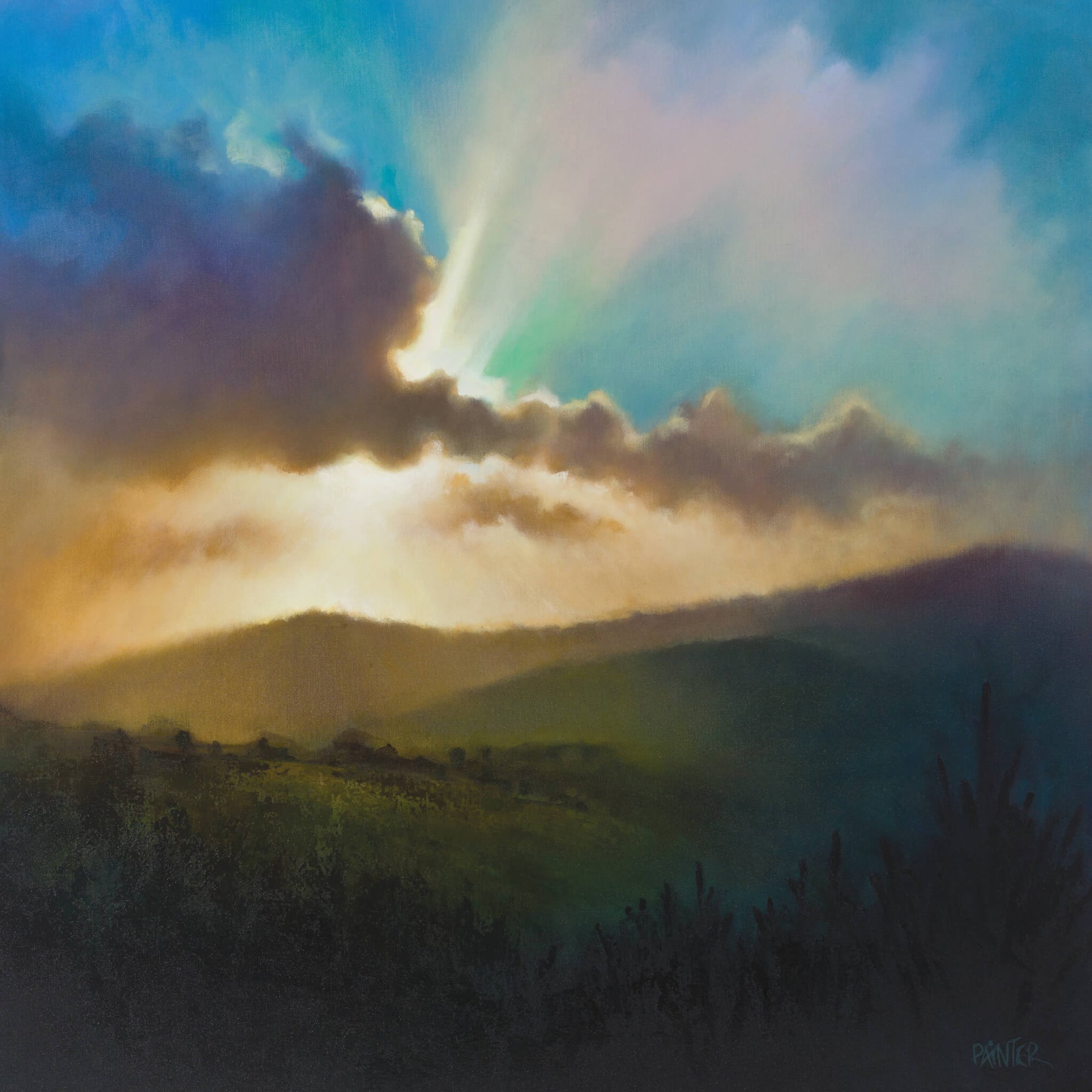 Dramatic sunrise or sunset painting over a Exmoor National Park landscape with clouds and rolling moorland hills by British artist Rachel Painter. 