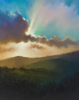 Dramatic sunrise or sunset painting over a Exmoor National Park landscape with clouds and rolling moorland hills by British artist Rachel Painter. 