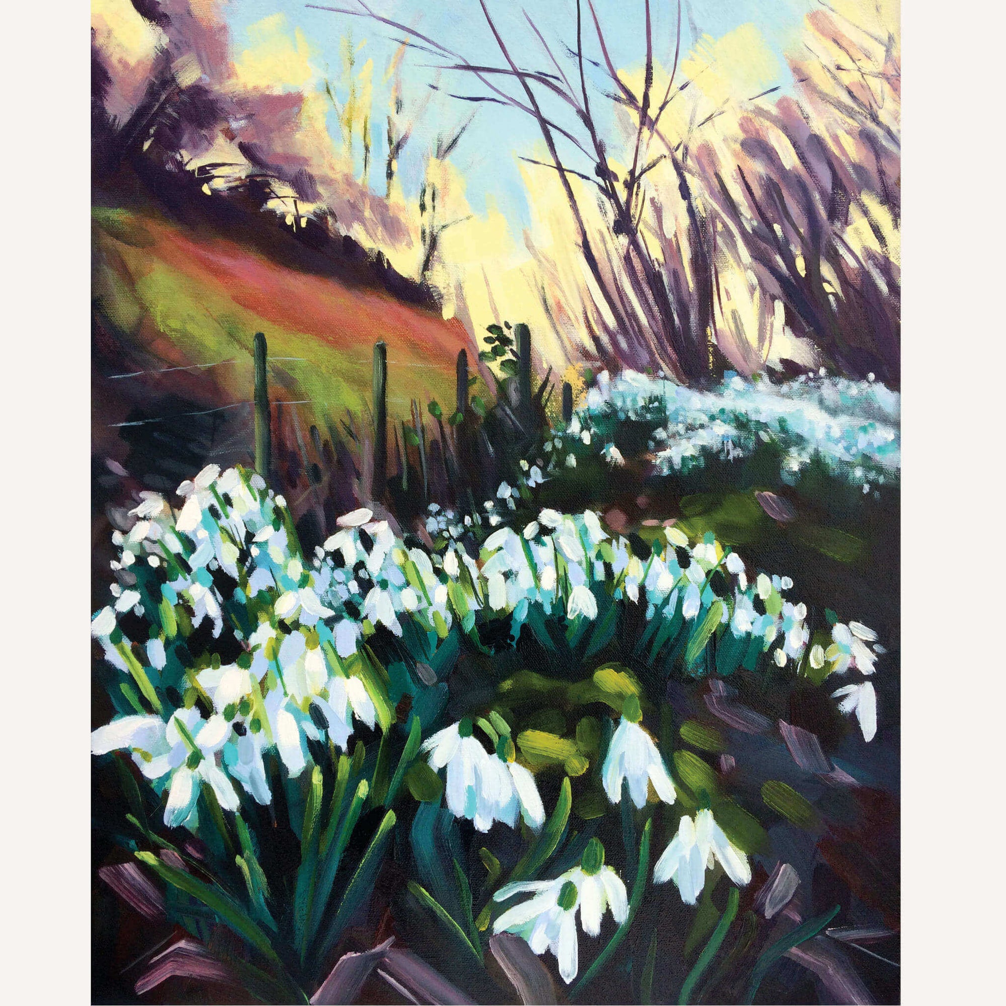 Snowdrop painting by landscape artist Rachel Painter of Snowdrop Valley in Exmoor Nation Park near Wheddon Cross, with trees, fence and field. 