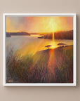 Framed dramatic landscape artwork of a sunset over a river with a white frame on a warm neutral wall. Inspired by the Helford River in Cornwall by Rachel Painter Artist