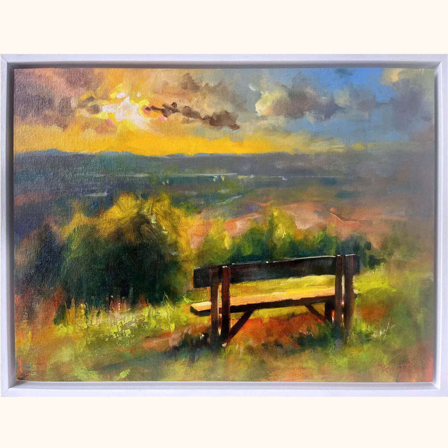 Loosely painted landscape commission of a wooden bench in a scenic countryside landscape with a colourful sky and evening light by Rachel Painter