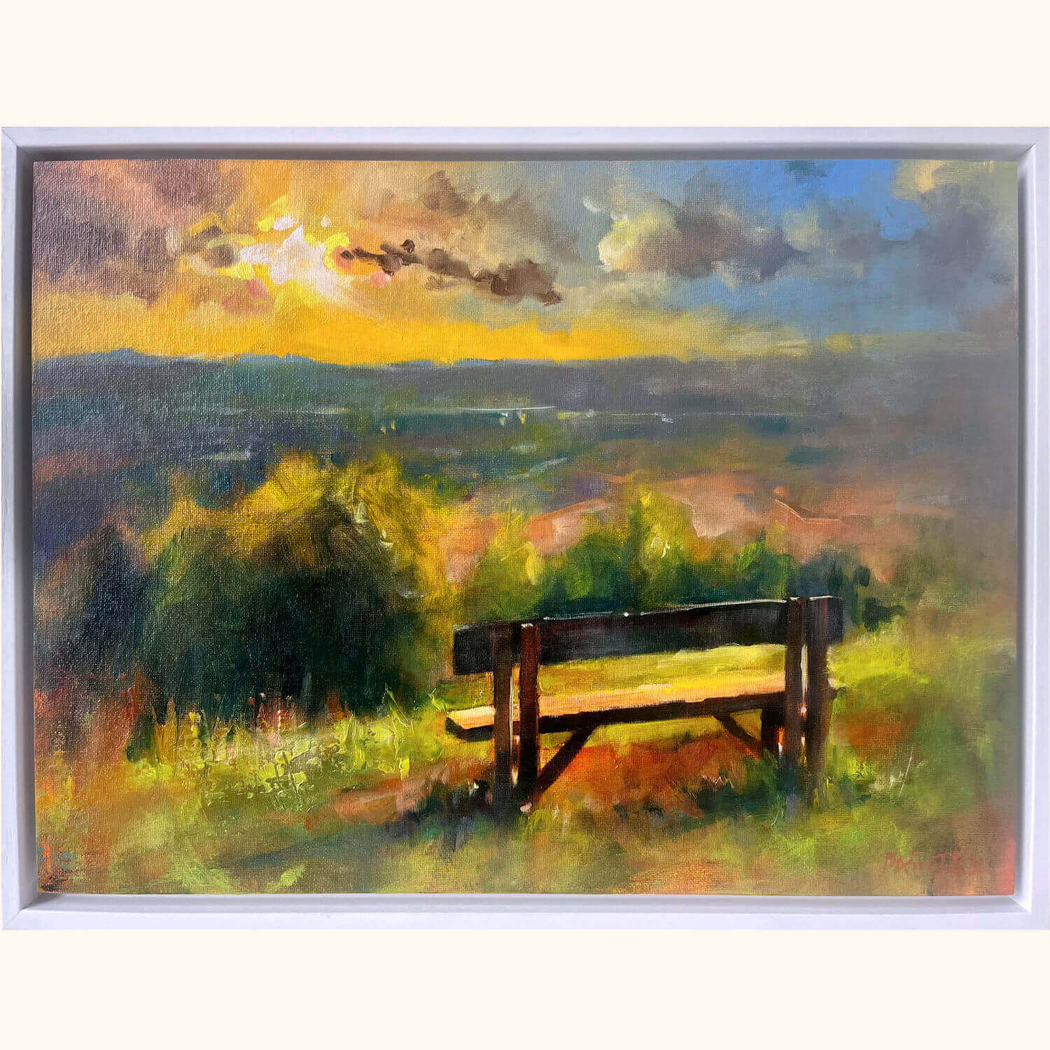 Loosely painted landscape commission of a wooden bench in a scenic countryside landscape with a colourful sky and evening light by Rachel Painter