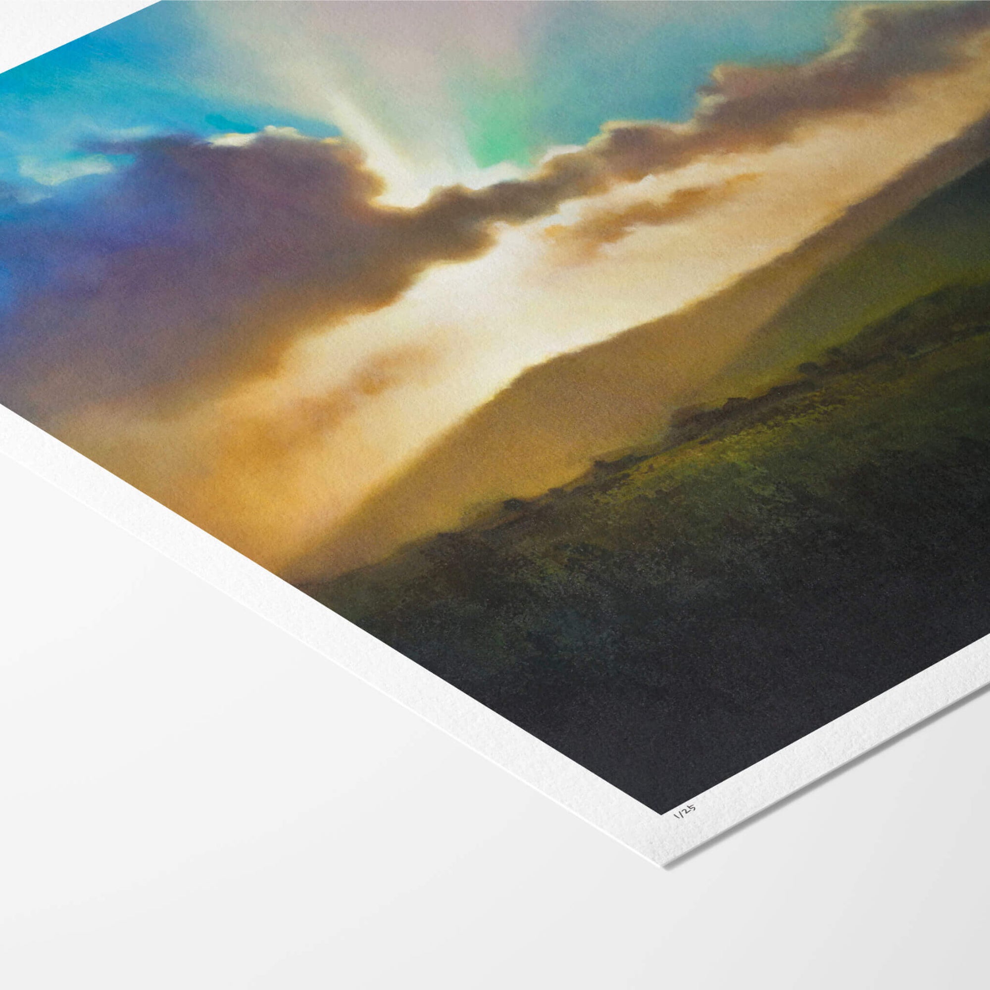 Fine art paper print of a landscape with a mountain and clouds under a blue sky, framed by a white border.