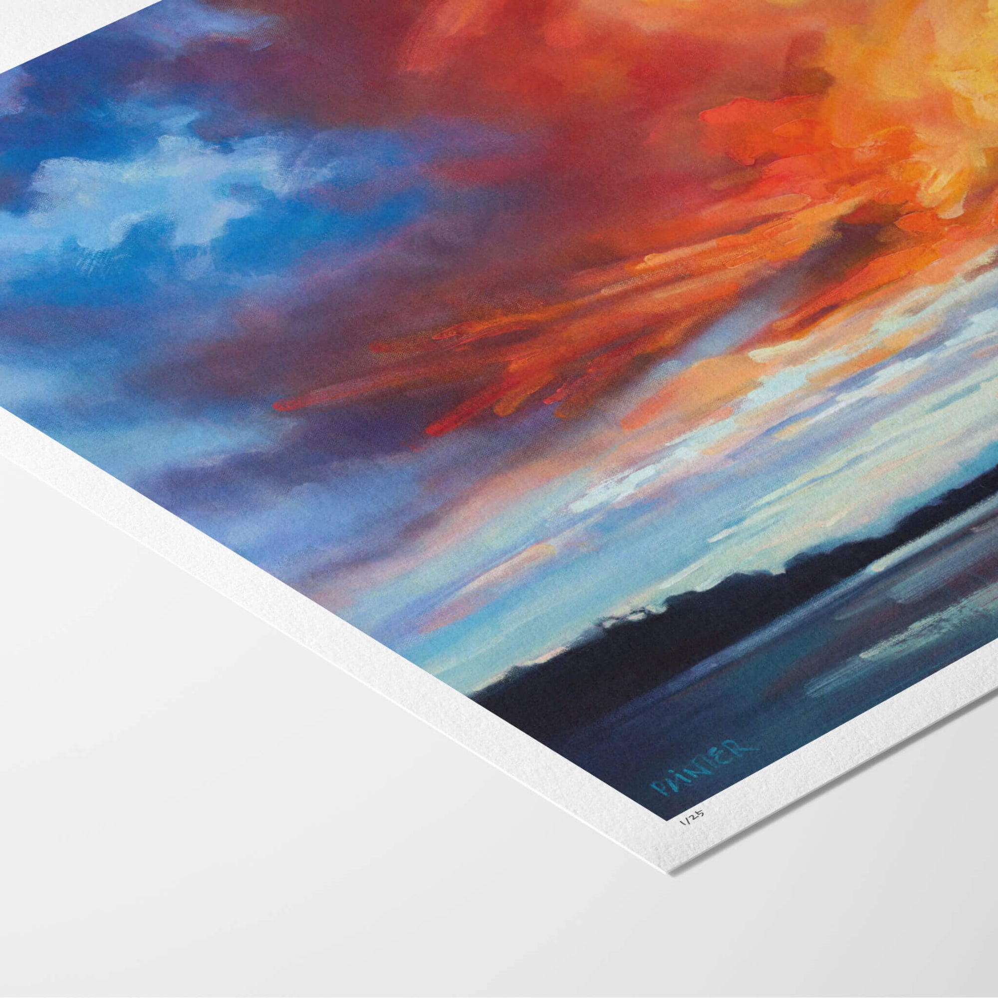 Fine art paper print with white border of shimmering sunset painting